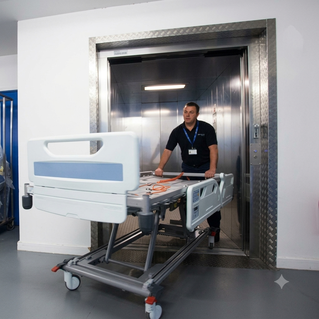 Hospital goods lift transporting a patient bed